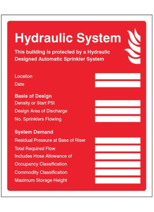 Hydraulic Sprinkler System ID Plate Sign