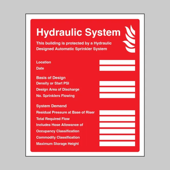 Hydraulic Sprinkler System ID Plate Hydraulic Sprinkler System ID Plate