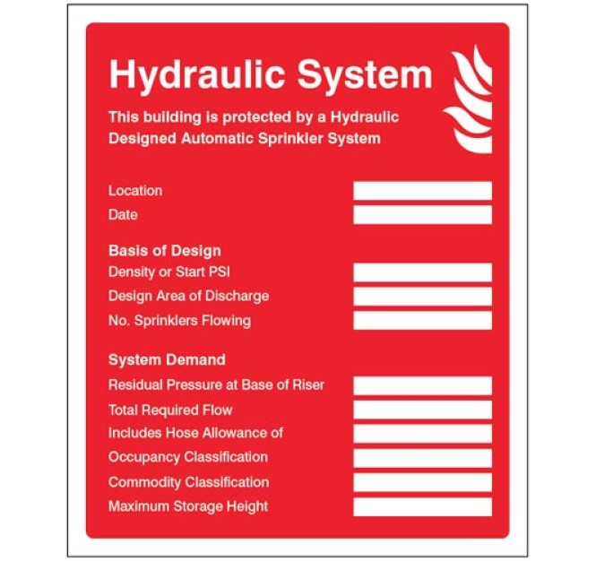 Hydraulic Sprinkler System ID Plate Sign