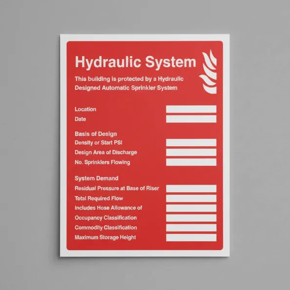 Hydraulic Sprinkler System ID Plate Hydraulic Sprinkler System ID Plate
