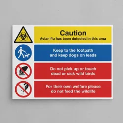 Caution - Avian flu - Keep Dogs on Leads - Do not Touch Wild Birds - Do Not Feed Wildlife - Multi-Message