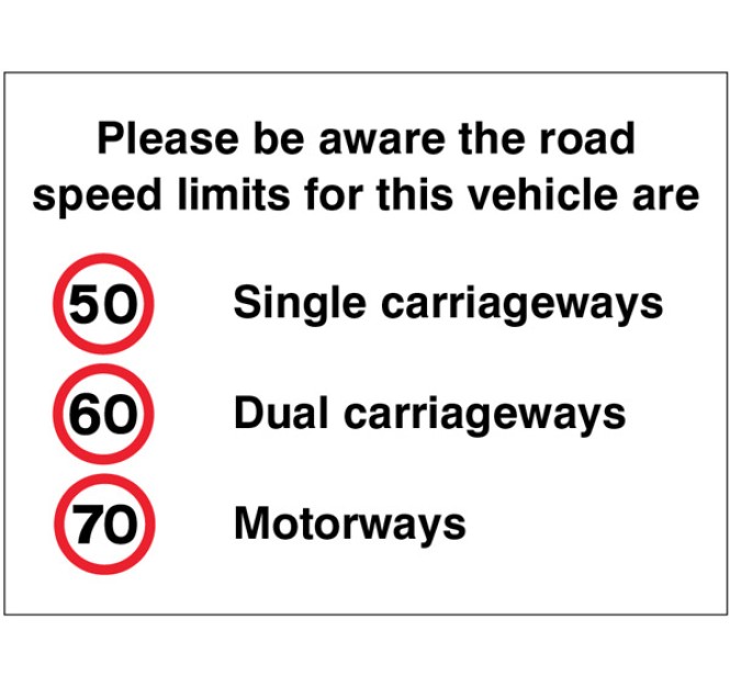 Please be Aware the Road Speed Limits for this Vehicle Are 50 - 60 - 70mph