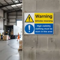 Warning - Vehicles Reversing - High Vis Clothing Must be Worn Warning - Vehicles Reversing - High Vis Clothing Must be Worn
