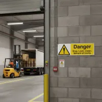 Danger - Stop / Look / Listen - Beware of Trucks Danger - Stop / Look / Listen - Beware of Trucks