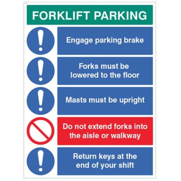 Forklift Parking - Engage Brakes - Lower Forks - Masts Upright - Forks not on Walkway - Return Keys
