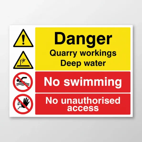 Danger - Quarry Workings - Deep Water - No Swimming - Keep out Danger - Quarry Workings - Deep Water - No Swimming - Keep out
