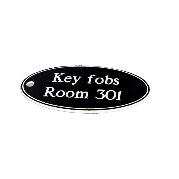 Key Fob - Black with White Text  - Oval