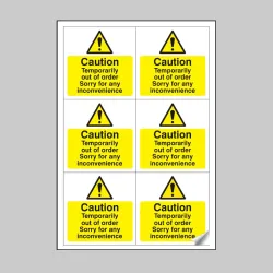Caution - Temporarily Out of Order Labels (Sheet of 6)