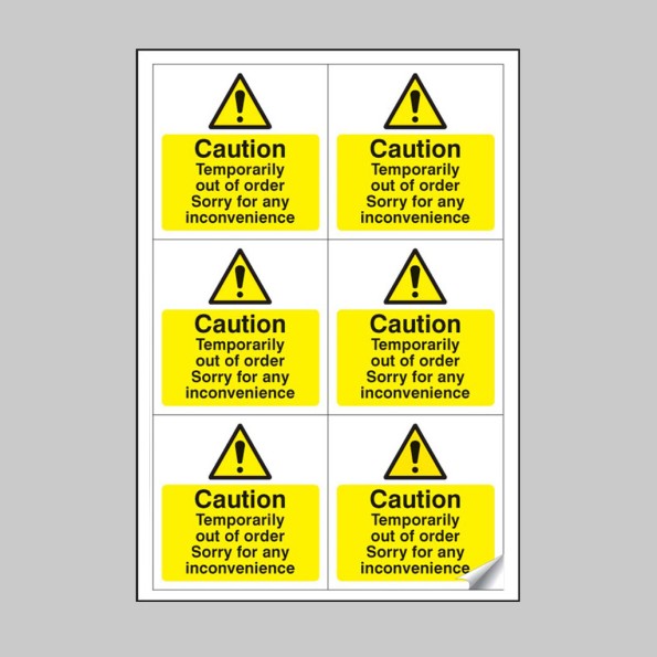 Caution - Temporarily Out of Order Labels (Sheet of 6)