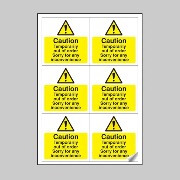 Caution - Temporarily Out of Order Labels (Sheet of 6)