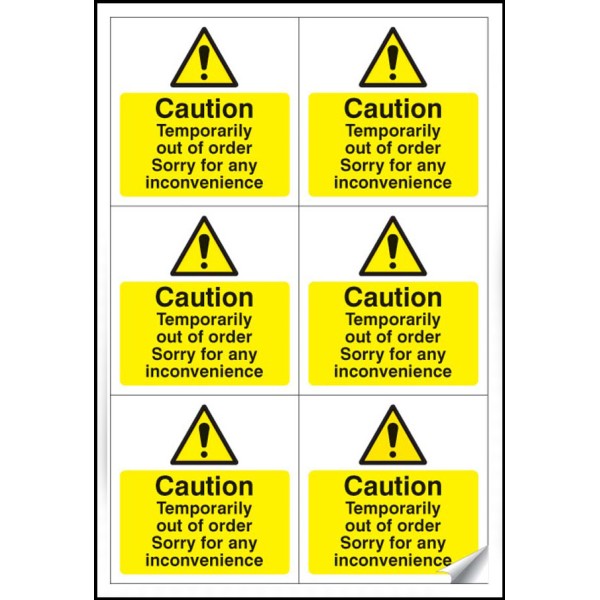 Caution - Temporarily Out of Order Labels (Sheet of 6)
