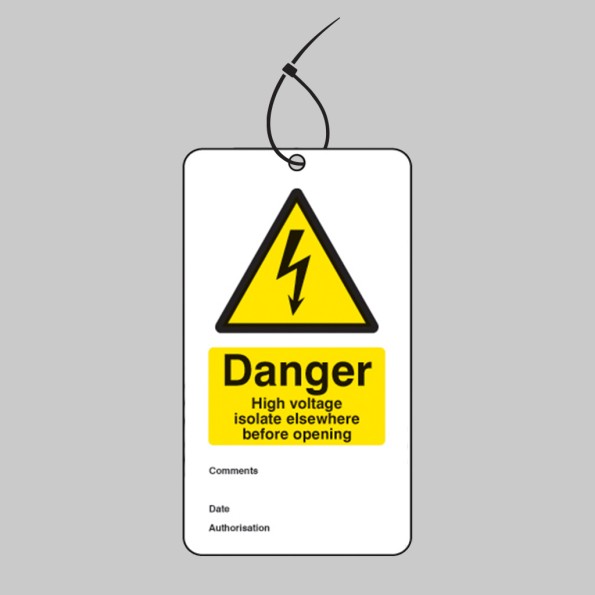Danger - High Voltage Isolate Elsewhere - Double Sided Safety Tags (Pack of 10)
