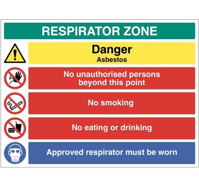 Respirator Zone - Danger - Asbestos - No Unauthorised Persons - No Smoking - Eating or Drinking