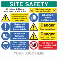 Site Safety - Report to Office - Construction Work - Report Accidents - Footwear - Helmets - No Children - Hi Vis - Excavations - Stop, Look, Listen - No Access