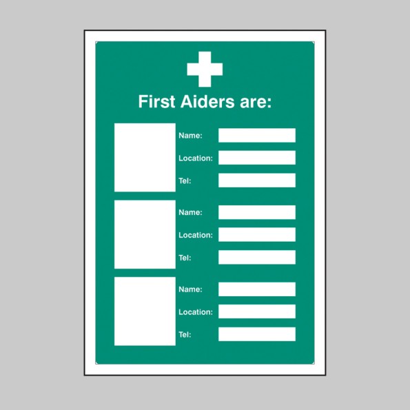 First Aiders Are (Space for 3 Photos - Names - Location - Telephone) - Adapt-a-Sign