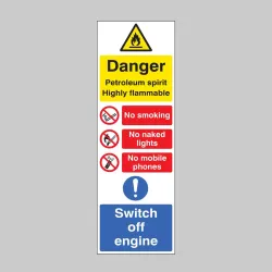 Petroleum Spirit - Highly Flammable - No Smoking, Naked Lights, Mobiles - Switch off Engine