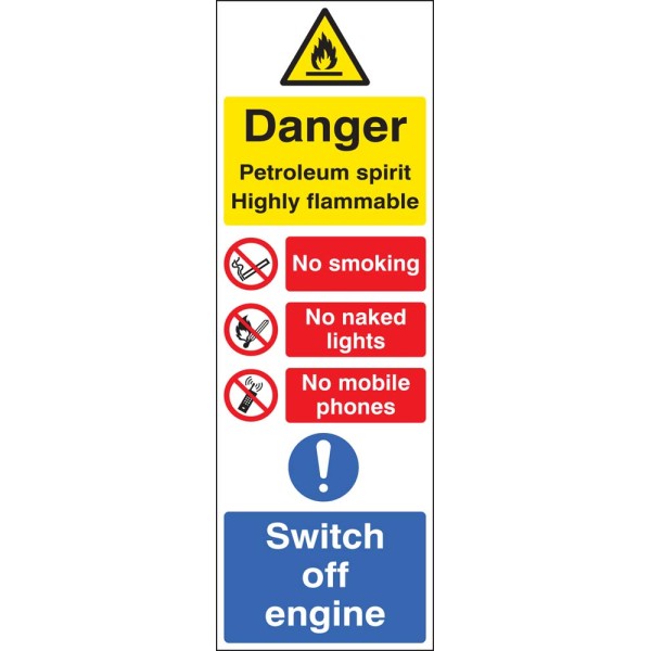 Petroleum Spirit - Highly Flammable - No Smoking, Naked Lights, Mobiles - Switch off Engine