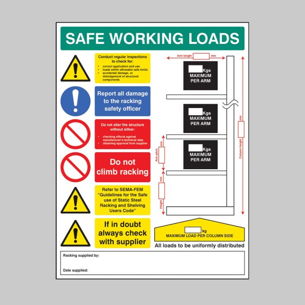 Safe Working Loads - Cantilever Racking Sign
