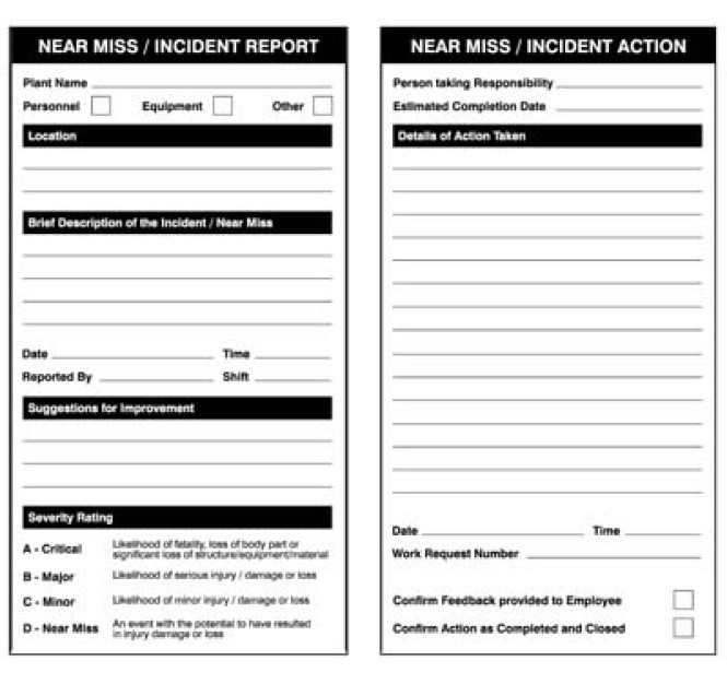 Near Miss Double Sided Report / Action Safety Tags