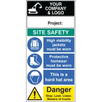 Site Safety - High Visibility - Footwear - Hard Hat - Stop, Look, Listen - Multi-Message Site Safety Board Site Safety - High Visibility - Footwear - Hard Hat - Stop, Look, Listen - Multi-Message Site Safety Board