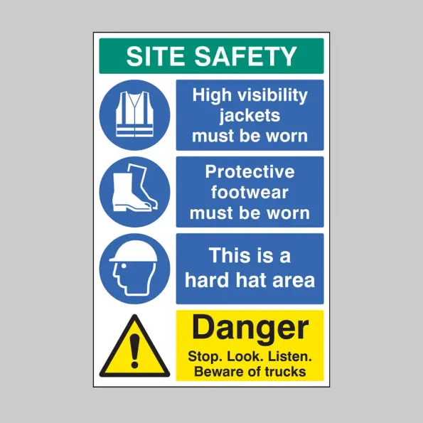 Site Safety - High Visibility - Footwear - Hard Hat - Stop, Look, Listen - Multi-Message Site Safety Board Site Safety - High Visibility - Footwear - Hard Hat - Stop, Look, Listen - Multi-Message Site Safety Board