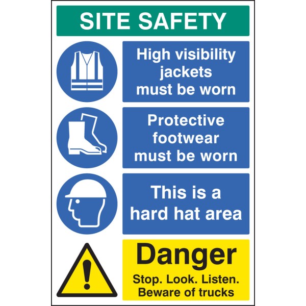 Hi Vis - Footwear - Hard Hat - Stop, Look, Listen - Multi-Message Site Safety Board