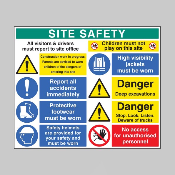 Site Safety - Report to Office - Construction Work - Report Accidents - Footwear - Helmets - No Children - Hi Vis - Excavations - Stop, Look, Listen - No Access
