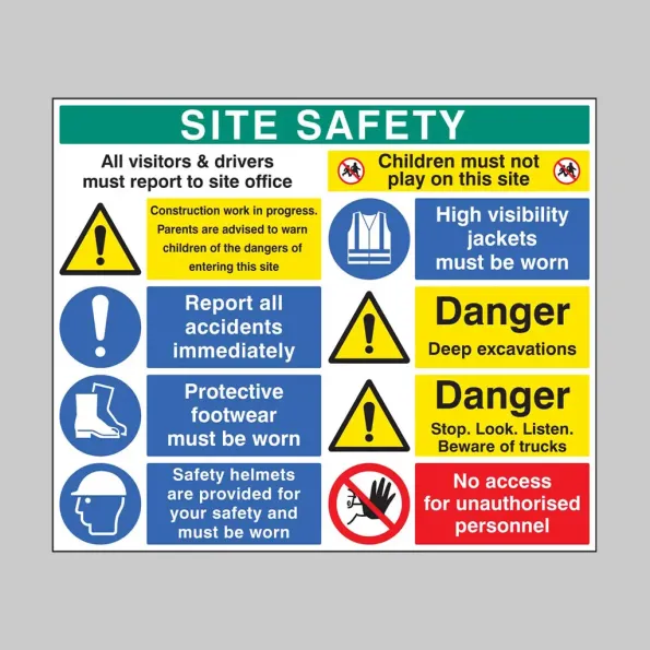 Site Safety - Report to Office - Construction Work - Report Accidents - Footwear - Helmets - No Children - Hi Vis - Excavations - Stop, Look, Listen - No Access