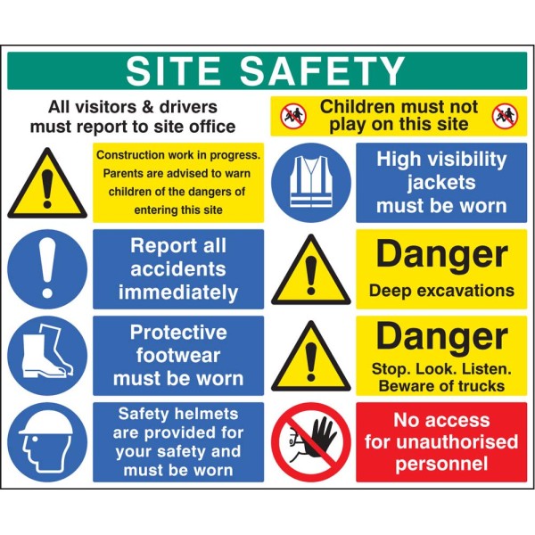 Report to Office - Construction Work - Report Accidents - Footwear - Helmets - No Children - Hi Vis - Excavations - Stop, Look, Listen - No Access