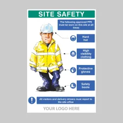 Site Safety - PPE Requirement Sign (Hard Hat - High Visibility Clothing - Gloves - Boots) Site Safety - PPE Requirement Sign (Hard Hat - High Visibility Clothing - Gloves - Boots)