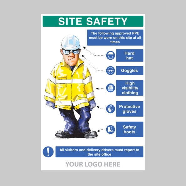 Site Safety - PPE Requirement Sign (Hard Hat - Goggles - High Visibility Clothing - Gloves - Boots)