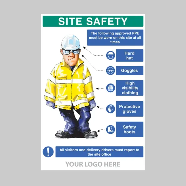 Site Safety - PPE Requirement Sign (Hard Hat - Goggles - High Visibility Clothing - Gloves - Boots) Site Safety - PPE Requirement Sign (Hard Hat - Goggles - High Visibility Clothing - Gloves - Boots)
