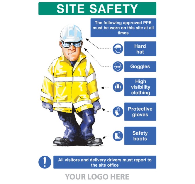 PPE Requirement Sign (Hat - Goggles - Hivis - Gloves - Boots)
