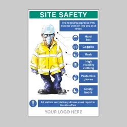 Site Safety - PPE Requirement Sign (Hard Hat - Goggles - Mask - High Visibility Clothing - Gloves - Boots) Site Safety - PPE Requirement Sign (Hard Hat - Goggles - Mask - High Visibility Clothing - Gloves - Boots)