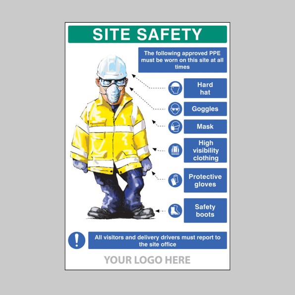Site Safety - PPE Requirement Sign (Hard Hat - Goggles - Mask - High Visibility Clothing - Gloves - Boots)