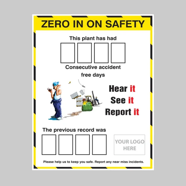 Zero in On Safety AccIdent Board with Logo & 2 Sets of Numbers Zero in On Safety AccIdent Board with Logo & 2 Sets of Numbers