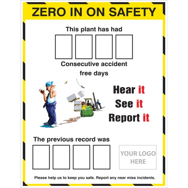 Zero in On Safety AccIdent Board with Logo & 2 Sets of Numbers 