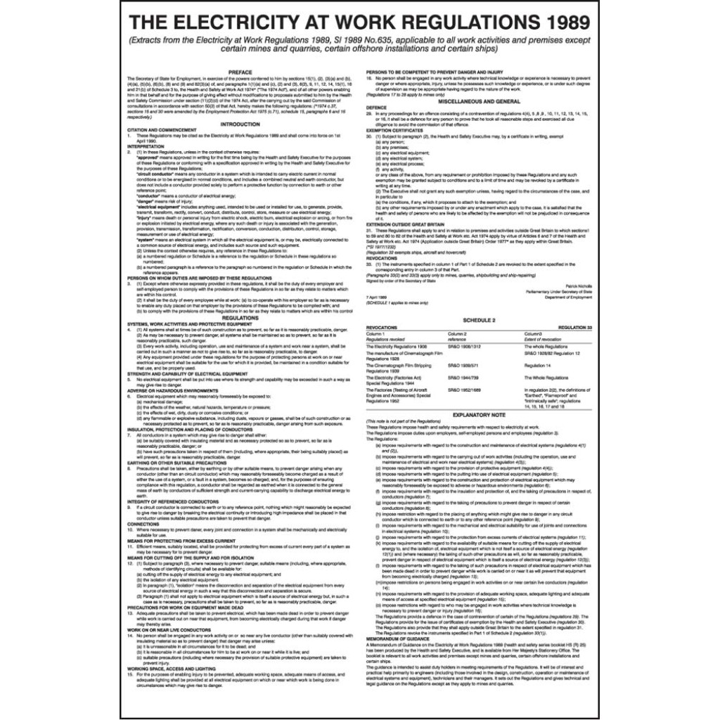 Electricity At Work Regulations 1989 Poster