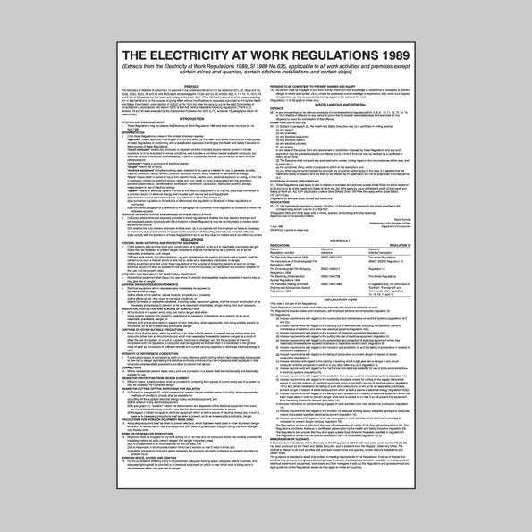 Electricity At Work Regulations 1989 - Poster