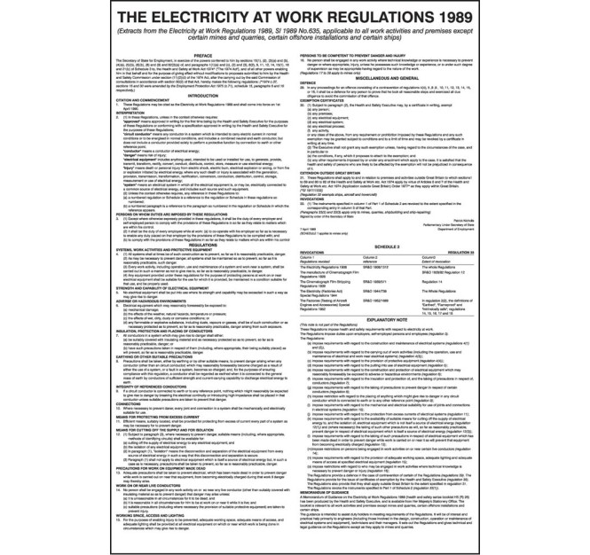 Electricity At Work Regulations 1989 - Poster