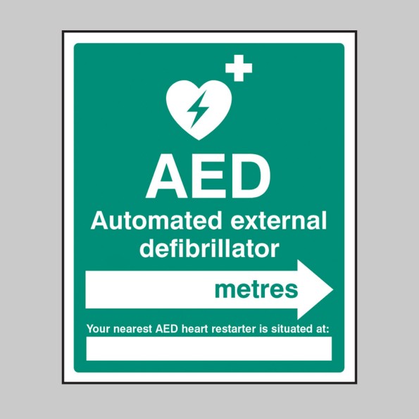 AED (Automated External Defibrillator) Arrow Right - Space for Location and Approx Distance