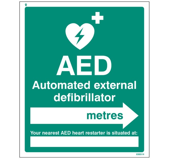 AED Located in __ Metres - Arrow Right