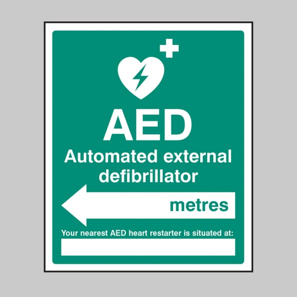 AED (Automated External Defibrillator) Arrow Left - Space for Location and Approx Distance