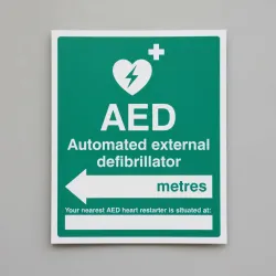 AED (Automated External Defibrillator) Arrow Left - Space for Location and Approx Distance