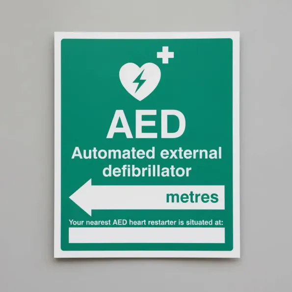 AED (Automated External Defibrillator) Arrow Left - Space for Location and Approx Distance AED (Automated External Defibrillator) Arrow Left - Space for Location and Approx Distance