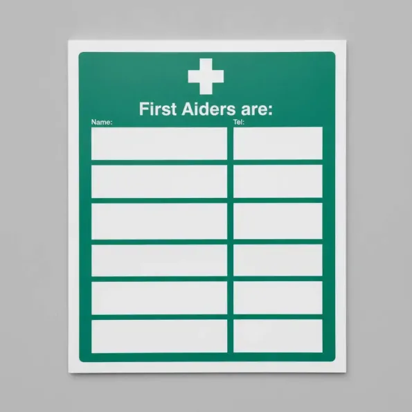 First Aiders Are (Space for 6 Names and Telephone Numbers)