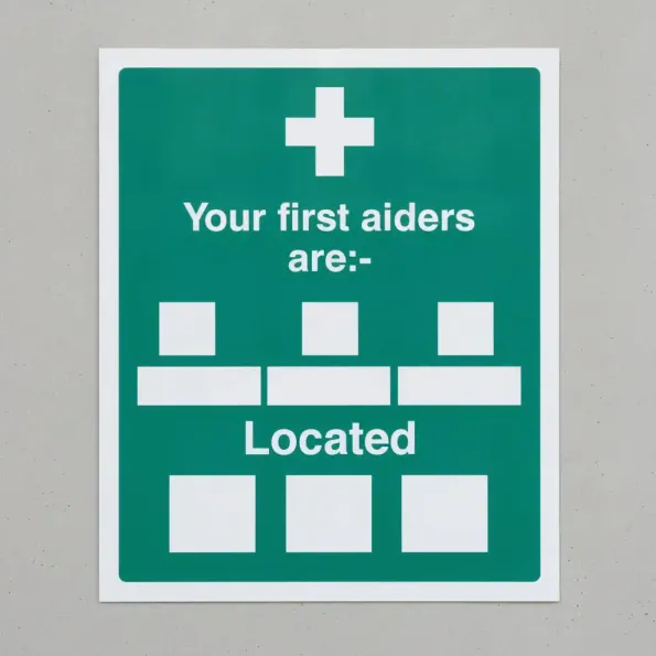 Your First Aiders Are (Space for 3 Names and Photos) Located (Space for Locations)