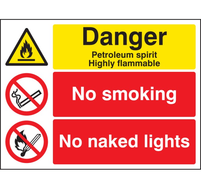Petroleum Spirit - Highly Flammable - No Smoking, Naked Lights