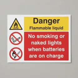 Flammable Liquid No Smoking / Naked Lights Batteries On Charge Flammable Liquid No Smoking / Naked Lights Batteries On Charge