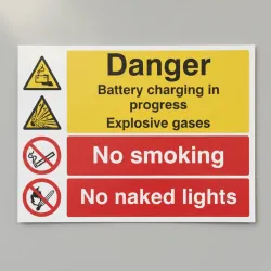 Battery Charging in Progress No Smoking No Naked Lights